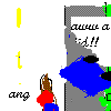 Pixelated icon shows a character with brown hair, red top, blue bottom, and a blue dot on the head, next to a gray structure with blue and black elements and partial text.