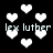 Black background with white pixelated hearts and repeated text 'lex luther' in light gray, some heart shapes appear to shift position.
