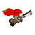 A 4x4 contact sheet of a pixelated animated character with red hair and armor holding a sword, displayed on a gray background.
