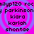 Pixelated text on bright pink background with purple spiral patterns, displaying repeated names and terms in black block letters