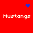 Red background with four white "Mustangs" text blocks and blue pixel clusters in corners and center.