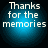 Four identical circular icons with blue gradient backgrounds display white text reading "Thanks for the memories" in pixelated font.