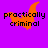 Purple background with orange flame-like shapes and black text reading "practically criminal" in pixelated font across three distinct frames.