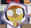 Animated character with yellow face, orange cap, and headphones in a purple hexagonal frame against an 'ON AIR' background.