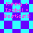 Pixelated graphic with cyan and purple checkered background displaying pink text 'Kimmy + Isabel = Besties!!!' in multiple repeated sections.