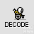 Pixel art character with white helmet and yellow accents on black body, cycling in various poses above 'DECODE' text.