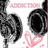 Pixelated grayscale headphones with pink text and heart symbols on a white background.