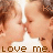 Animated contact sheet showing two side-by-side kissing couples with repeated text "love me." at the bottom, displayed in pixelated style.