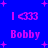 Pixelated blue background with pink text and symbols, featuring repeated 'Bobby' labels and fish icons in a