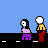 Animated contact sheet showing 25 sequential frames of a pixel art animation featuring two stick figures interacting on a blue background with black ground line.