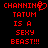 Red pixelated text on black background reads "CHANNELING TATUM IS A SEXY BEAST!!!" with a heart symbol replacing the 'O' in CHANNELING.