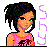 Pixelated cartoon-style icon of a woman with dark hair and colorful skin tones, wearing a pink patterned top with a brown design, next to vertical purple text reading "SHY" on the right side.