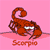 Animated pixel art of a red scorpion with white teeth on pink background, displayed as 7-frame contact sheet showing sequential motion cycles.