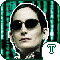 identical pixelated images showing a person with dark hair and sunglasses against a green matrix-style background, each featuring a gray speech bubble with a white 'T' on the right