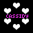 Black background with white pixelated hearts floating upward and pink text reading 'CASSIDY' in four locations.