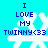 Pixelated blue text reads "I LOVE MY TWINNY<33" over white snowflakes on cyan background, with visible animation changes in snowflake shapes across frames.