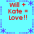 A light blue background displays four identical red text blocks reading "Will + Kate = Love!!" surrounded by purple decorative borders and asterisks.