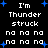 Black background with white pixelated text reading "I'm Thunderstruck na na na" repeated twice, surrounded by blue star-like pixels.