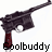 Pixelated static icon of a dark gray gun with red liquid dripping from the barrel, positioned diagonally above black text reading "coolbuddy" on a white background.
