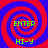 Four identical spiral patterns with red and blue concentric rings, each containing green text reading "ENTER" above "HI-Y" on a solid red background.
