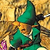 Pixelated green-hatted figure in teal robe holding a glowing purple crystal against golden background.