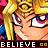Pixelated anime-style character with blonde hair and glasses, wearing a red top against a colorful background, with 'BELIEVE' text at the bottom.