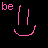 Pixelated pink smiley face icon with 'be' text above and changing lower text between frames on black background