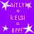 Purple background with white star-shaped icons and pink text displaying 'AiTLYM + kELSi = BFF!' in multiple arrangements.