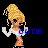 Pixelated character with blonde hair styled in a tall updo, wearing white and blue clothing against black background.