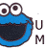 A 48x48 pixel animated contact sheet showing three frames of a Cookie Monster icon with text changes across frames, displayed on a gray background.