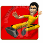 Yellow-clad figure in mid-air pose against red background with 'ANIMATION FACTORY' watermark, showing subtle facial expression changes across frames.