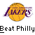 Pixelated icon of a basketball with purple text 'LAKERS' overlaid, below which is black text reading 'Beat Philly' on a gray background.
