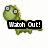 Pixelated green dinosaur with large white eyes appears in three sequential poses, each displaying different text overlays on black bars.