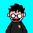 Pixel art contact sheet showing five animated frames of a cartoon character with black hair, glasses, and a dark shirt against a bright blue background.