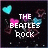 Pixelated icon with dark background, floating hearts in cyan and pink, text changes from 'THE BEATLES ROCK' to 'GOD ROCKS HARDER'.