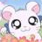 Static 48x48 pixel icon of a white cartoon hamster with large black eyes and pink inner ears, set against a blurred pastel background with green and blue tones.