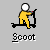Pixel art of a yellow figure riding a black scooter with white wheels, labeled 'Scoot' below.