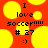 Red background with yellow circles, black text reading "I love soccer!!!!! # 27 :)" in pixelated font.