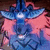 Blue and pink pixelated character with wing-like ears, white eyes, and a smiling mouth against a brown background.