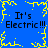 Blue background with yellow pixelated border and central lightning bolt, text "It's Electric!!!" repeated four times in black font.