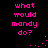 Pixelated pink text on black background repeats 'what would mandy do?' with scattered dots in a pattern
