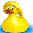 A pixelated yellow rubber duck with a rain hat floating in blue water, paired with text about bath time fun.