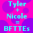 Pixelated text on a pink background with purple circles reads 'Tyler + Nicole = BFTTEs' in cyan letters, repeated twice.