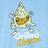 Pixelated character with triangular body and yellow mouth on light blue background, surrounded by text phrases about grilled cheese.