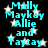 Cyan text reading "Mally Maykay Allie and Taytay" repeats vertically on a black background with white stars, each star slightly blurred.