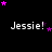 Black background with repeated 'Jessie!' text and pink/purple star animations in a