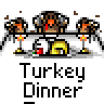 Pixel art animation of a turkey dinner scene with two side turkeys flanking a central table, showing frame-to-frame motion in the side turkeys' heads and legs.