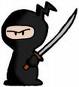 Pixelated cartoon ninja in black hooded outfit holding a sword, standing against white background with visible anti-aliasing and dithering on edges.