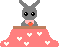Animated pixel art contact sheet showing a gray rabbit character with pink scarf eating an orange object on a heart-patterned platform across five frames.