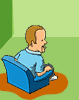 A cartoon man in a blue shirt and gray pants sits on a blue armchair, holding a black remote control with red accents.
